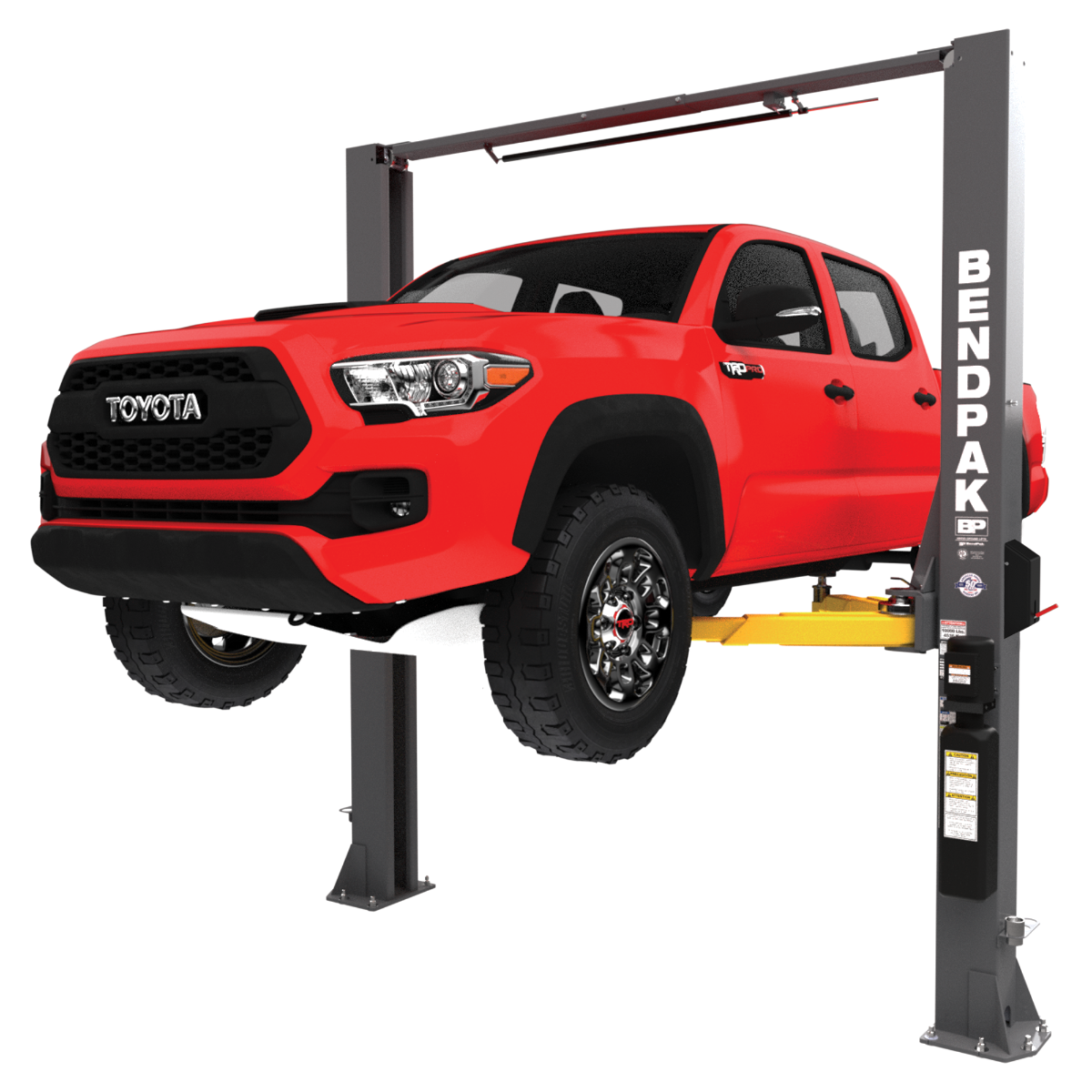 BendPak 10AP two-post lift with red truck