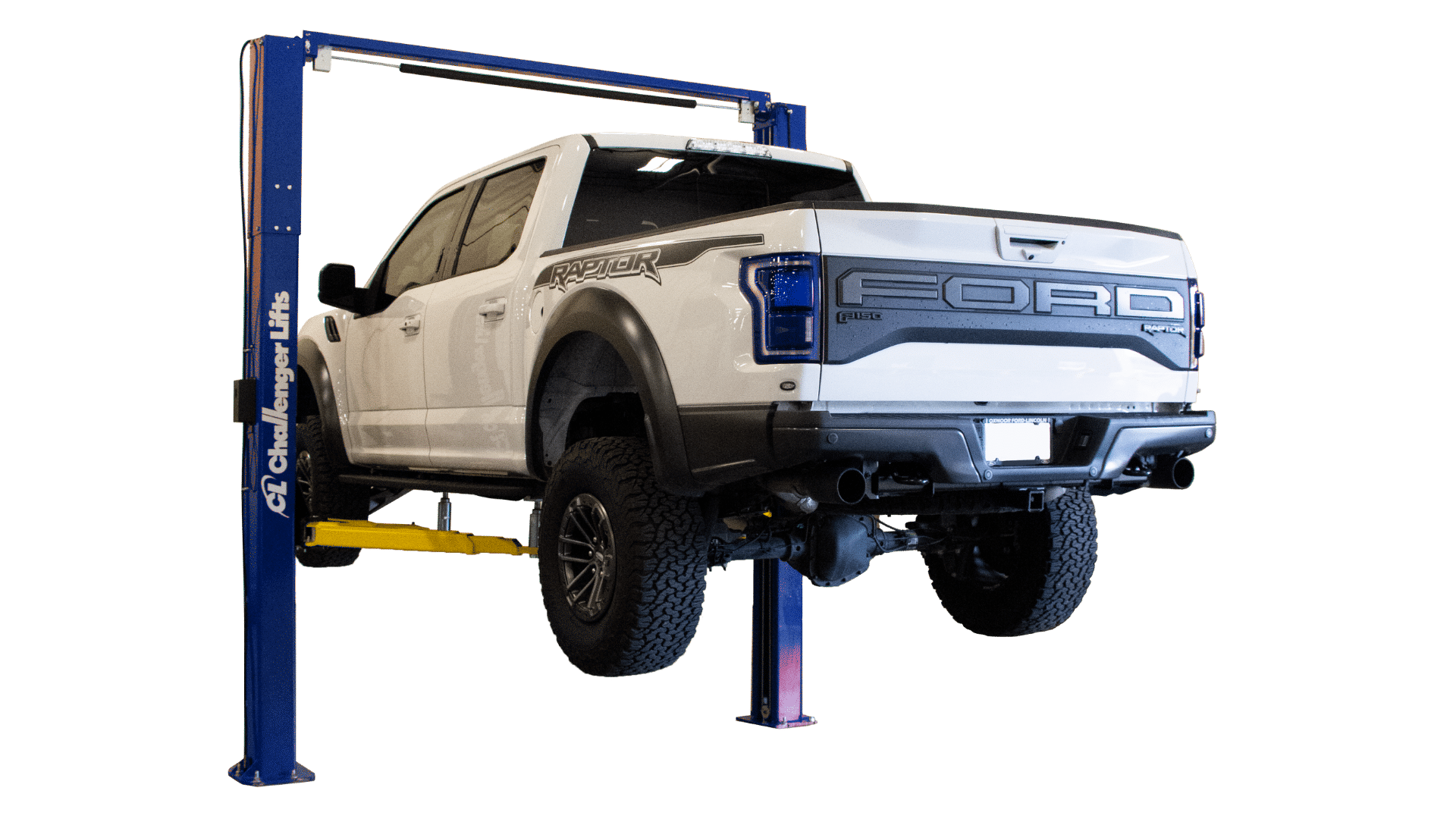 White Ford F-150 Raptor on blue Challenger 2-post lift